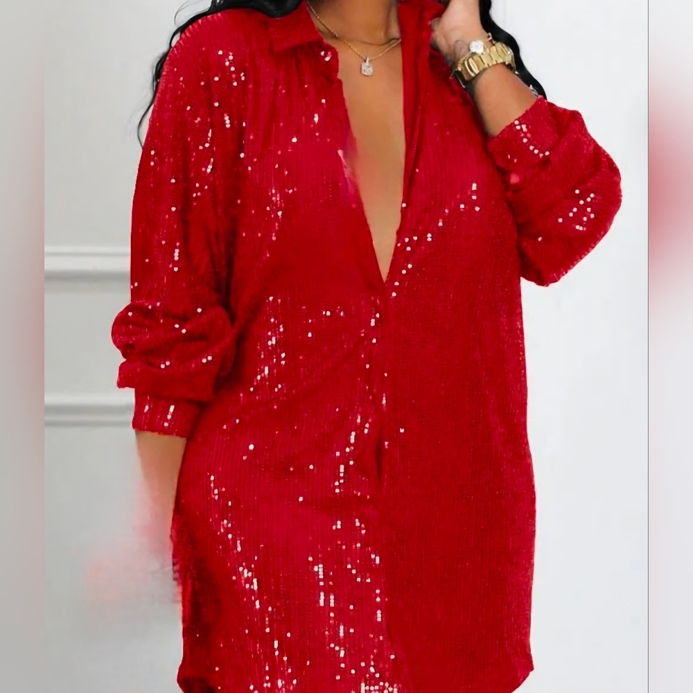 Women's Large Red Sequin Button Down Shirt Party Dress Long Sleeve